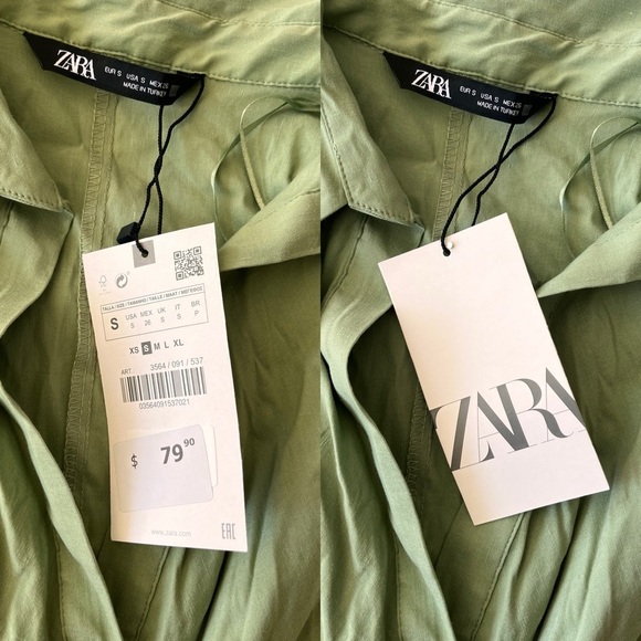NWT Zara Gathered Linen Blend Shirt Dress S Green Gold Buttons - Picture 10 of 12